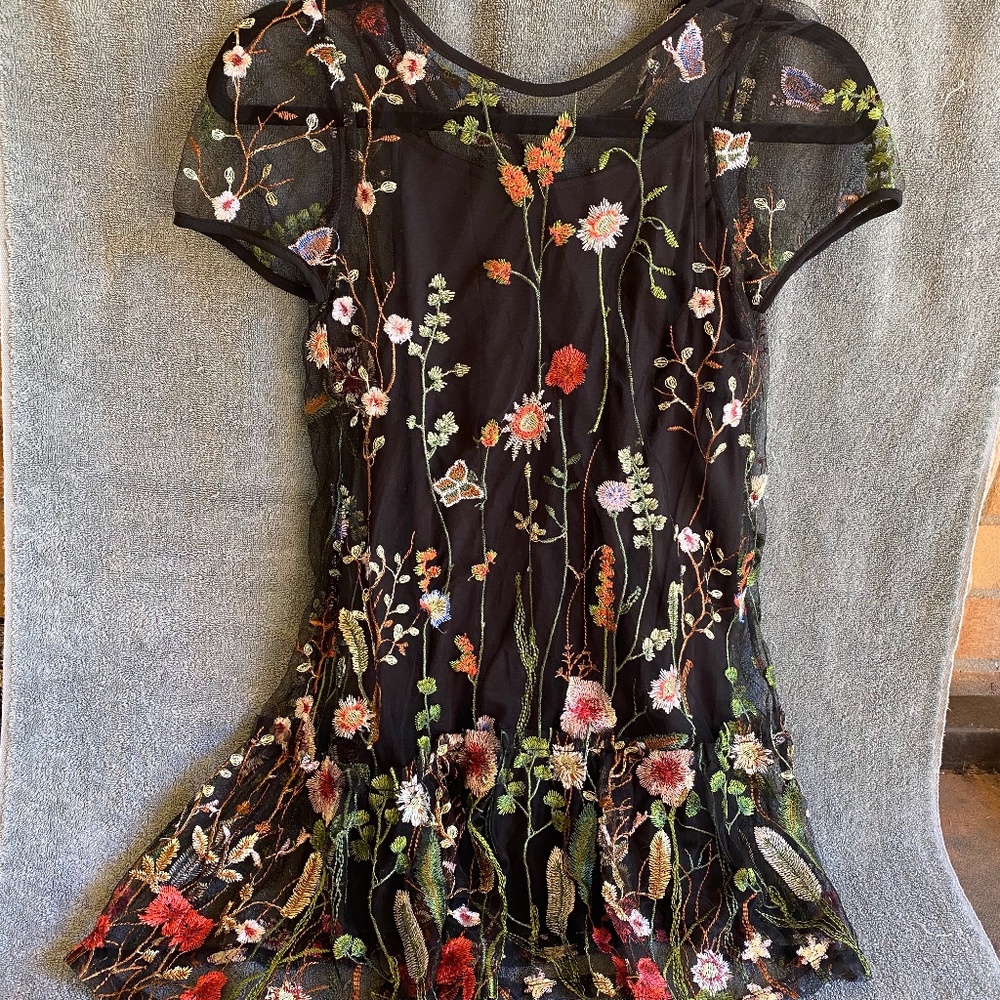 Soprano Kids Black Colorful Floral Embroidered Dress, M (10-12)